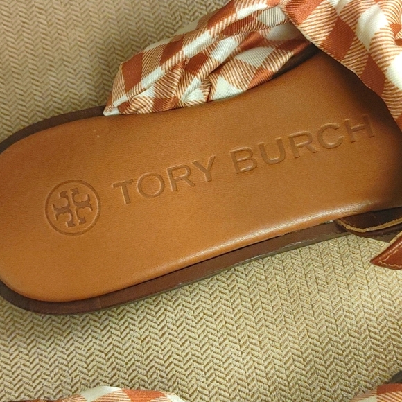 Tory Burch Women's Selby Scarf Sandals Gingham -Burnt 6 1/2 (New Never Worn!) - Picture 4 of 7